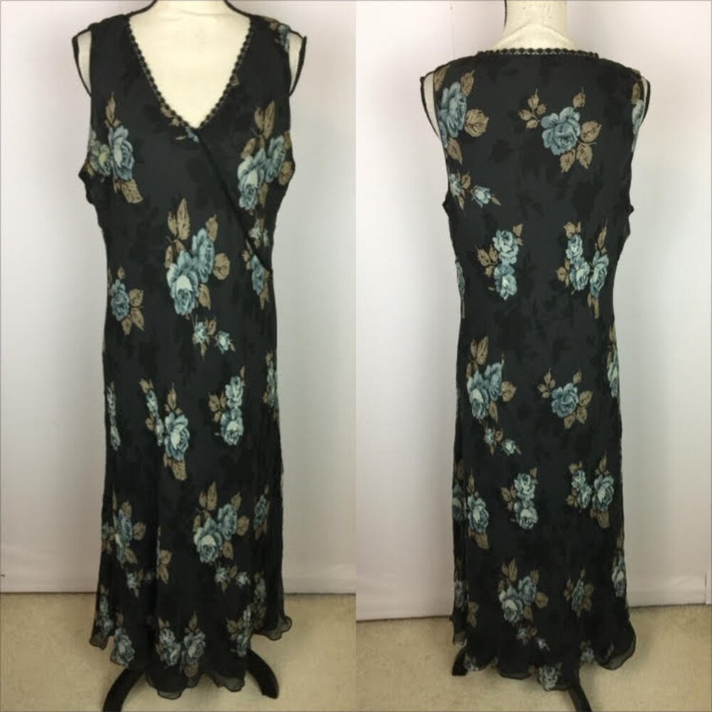 Vintage Charter Club 100% Silk Maxi Dress Size 16 Womans Black Floral Sleeveless